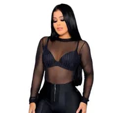 Body Feminino Manga Longa Em Tule Lurex Transparente Com Brilho