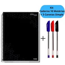 Kit Caderno Universitário 10 Matérias com 160 Folhas Capa Dura + 3 Canetas Simple Escolar