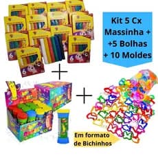 Kit 5 Cx Massinha de Modelar + 5 Bolhas de Sabão + 10 Molde Cortador Kit Festa Lembrancinha Infantil Escolar