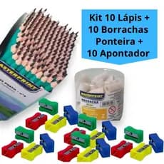 Kit 10 lápis de Escrever Nº2 Preto + 10 Borracha Ponteira Branca + 10 Apontador simples Escolar Escola Estudo
