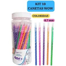 Kit 10 Canetas Esferográficas Wow 0.7mm Coloridas Branco Escolar Escritório Leo&Leo