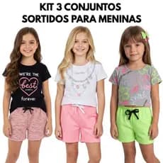 Kit Sortido 6 Peças de Roupas  Infantil  Menina 3 Camisetas + 3 Bermudas - Kit 3 Conjuntos Menina Verão Tamanho 4 ao 10