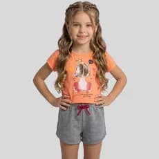 Conjunto Infantil Juvenil Roupa Menina Verão  Blusa Estampada e Shorts Confortável Tamanho 4 ao 14