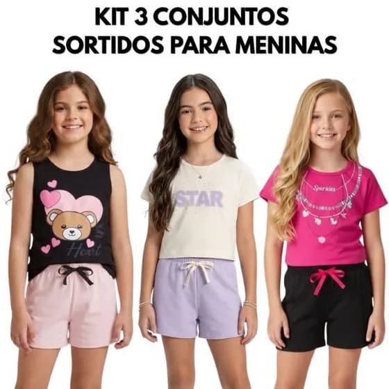 Kit Sortido 6 Peças de Roupas Infantil Menina 3 Camisetas + 3 Bermudas - Kit 3 Conjuntos Infantil Menina Verão