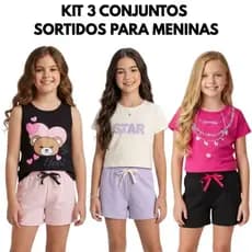 Kit Sortido 6 Peças de Roupas Infantil Menina 3 Camisetas + 3 Bermudas - Kit 3 Conjuntos Infantil Menina Verão