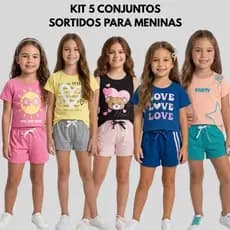 Kit Sortido 10 Peças de Roupas Infantil Menina 5 Camisetas + 5 Bermudas - Kit 5 Conjuntos  Menina Verão Tamanho 4 ao 14