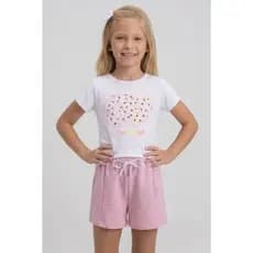 Conjunto Infantil Juvenil Menina de Verão com Blusa Manga Curta e Shorts Moletinho com Recortes