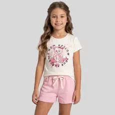 Conjunto Infantil Verão Menina Blusa Meia Malha Ursinha e Shorts Moletinho Liso