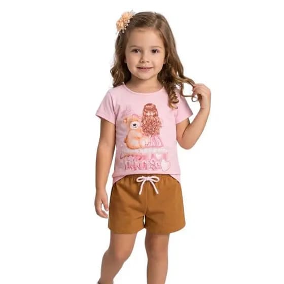 Conjunto Infantil Menina Roupa Verão Blusa Princesa e Shorts Confortável Elástico - Conjunto Feminino Pronta Entrega
