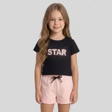 Conjunto Infantil de Verão Menina Blusa Cropped STAR  e Shorts Moletinho Liso Confortável
