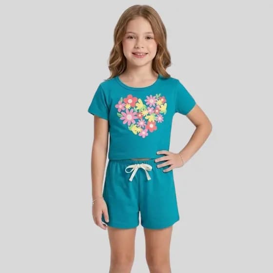 Conjunto Infantil Menina Verão Blusa Cropped Meia Malha e Shorts Moletinho Flores