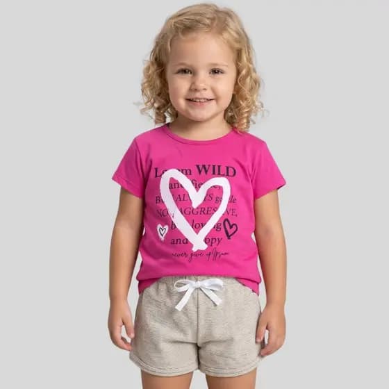 Conjunto Curto Infantil de Verão para Menina Blusa e Shorts Moletinho listrado Coração