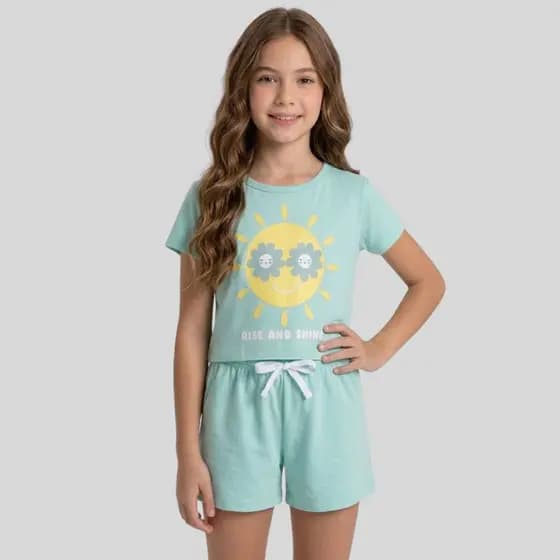 Conjunto Infantil Menina Verão Blusa Cropped Sol Shorts Confortável com Elástico