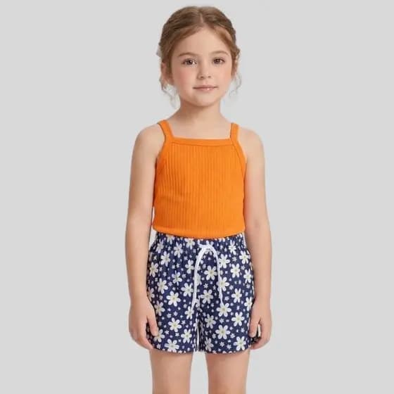 Conjunto Infantil Menina Blusa Cropped de Alcinha com Shorts Estampado Flores