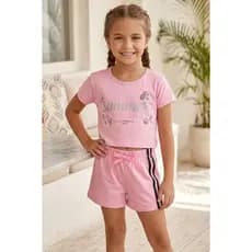 Conjunto Infantil Feminino Cropped Summer Dreams 100% Algodão Blusa e Shorts Meia Malha Verão Menina
