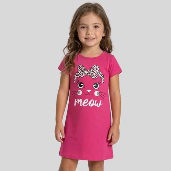Vestido Infantil Menina Gatinha Meow Rosa Meia Malha 100% Algodão Manga Curta Confortável  Tam 4 ao 14