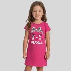 Vestido Infantil Menina Gatinha Meow Rosa Meia Malha 100% Algodão Manga Curta Confortável  Tam 4 ao 14