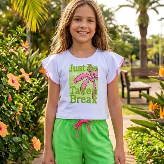 Conjunto Infantil Menina Blusa Cropped Meia Malha Manga com Babado + Shorts Moletinho Neon Verão