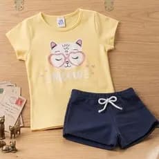 Conjunto Infantil Menina Verão Blusa Meia Malha Estampa Gatinha Meow + Shorts Moletinho Roupa Infantil Feminina