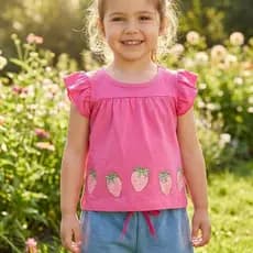 Conjunto Infantil Menina Verão Blusa com Babados Estampa Morango e Shorts Moletinho