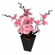 Vaso Volteado Orquídea Artificial Rosa 15x10x40cm Preto Texturizado Para Sala Quarto Escritório Lar