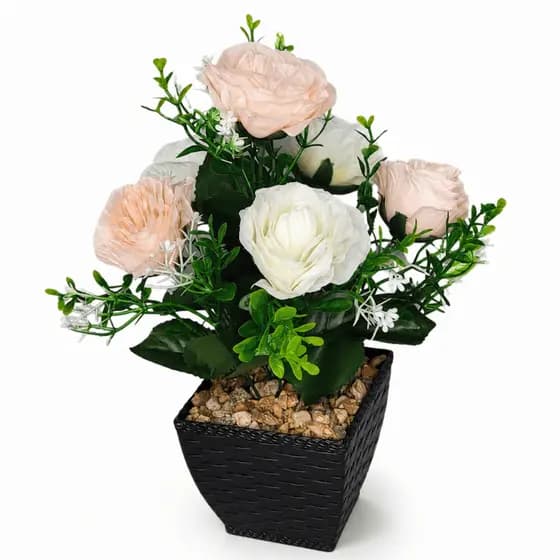 Arranjo Rosas Artificiais Bege E Branco 30cm Vaso Preto Decorativo Para Sala Quarto Mesa E Casa Lar
