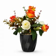 Vaso De Rosas Artificiais Laranjas E Brancas Com Vaso Preto Para Sala Quarto Escritório Mesa E Casa