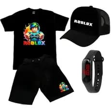 Conjunto Infantil Meninos Camiseta Short Relogio Boné Roblox Camisa