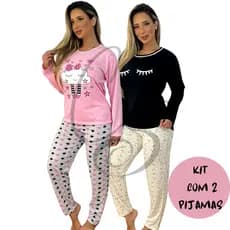 kit com 2 pijama feminino manga longa e calça adulto de malha pv excelente toque vestido para uma otima noite de sono
