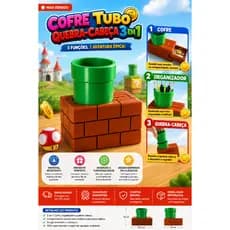 Cofre Tubo Quebra-Cabeça 3 em 1 Organizador de Mesa Porta Moedas Decorativo Mario