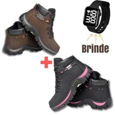 Kit 2 pares de Bota Coturno Adventure Masculina  + Bota Coturno Adventure Feminina + Relógio