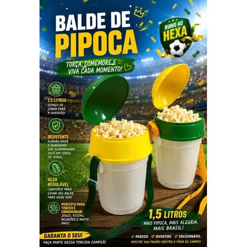 Kit 2 Balde De Pipoca Com Tampa E Alca 1,5lts Copa Do Mundo