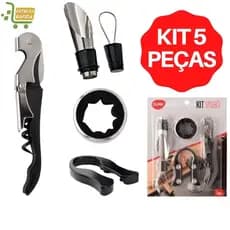 Kit Vinho 5 peças Abridor Saca Rolhas Tampa Dosador Anel e Lacre em Inox