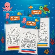 20 Lembrancinha festa infantil Colorir + Giz de Cera Escolha Tema Fundo do Mar I Fazemos todos os temas!