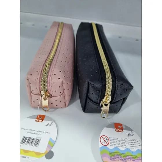Estojo Escolar Perfurado Preto e Rosa Pastel Brw / Estojo Pastel / Estojo Perfurado / Material Escolar