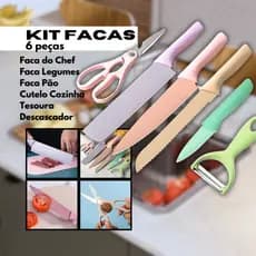Kit Facas de Cozinha Colorido Chef 6 Peças Tesoura Multiusos Descascador Lâminas Inox Diversas Funções
