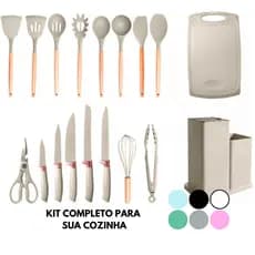 Kit Utensílios Silicone 19 Peças Cozinha Faca Tábua Colher Concha Espátula Tesoura Pegador Madeira