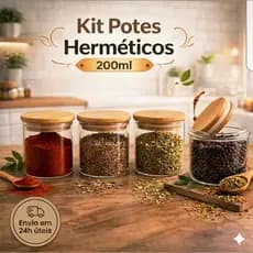 Kit  Porta Tempero 3, 6 ou 9 Pote De Vidro Hermético Tampa De Bambu 200ml Organizador De Cozinha Condimentos