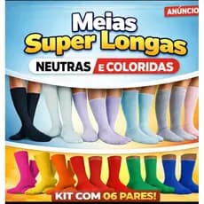 Kit com 2 Pares de Meias de Algodão Cano Super Longo 28cm de Longa Vida - 12 Cores - Aeróbica - Skate - Caminhada