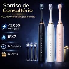 Escova Dental Elétrica Sônica 42.000 Vibrações 6 Modos USB Recarregável + 4 Refis Clareamento
