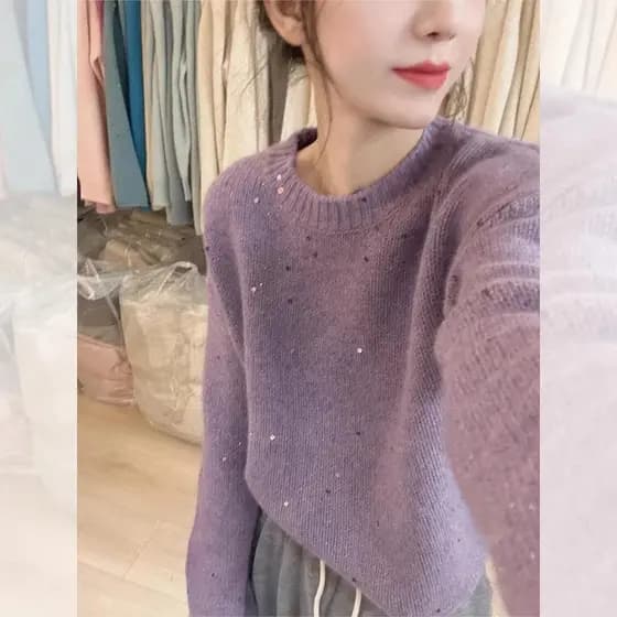 Estilo suave macio ceroso roxo lantejoulas guaxinim velo camisola feminina outono inverno preguiçoso exterior usar pulôv