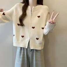 Versão coreana coração bordado camisola de manga comprida feminino outono Design solto nicho duplo zíper curto camisola