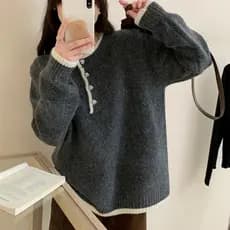 Camisola feminina outono inverno novo estilo solto mais magro olhar preguiçoso High-End cinza Design contraste cor malha