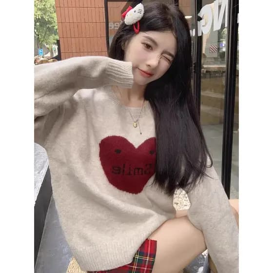 Estilo coreano cor combinando carta de amor pulôver camisola feminina outono inverno novo estilo elegante redução de ida