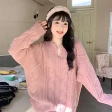 Suéter torcido rosa feminino outono inverno novo estilo estilo coreano suave estilo preguiçoso roupa externa malhas