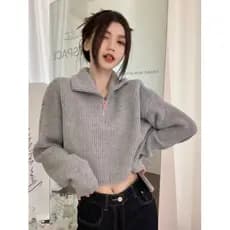 Meia gola alta zíper camisola feminina primavera outono novo estilo solto mais magro olhar Casual All-Match estilo ocide