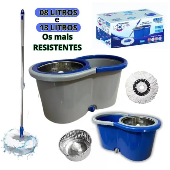 Mop Giratorio Cesto Inox 13 Litros Esfregao Balde Mope 360° Rodo de Limpeza Profissional Esfregao  Balde 8 Litros