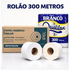 Papel Higiênico Rolão 300 metros c/ 8 Rolos Ipel Qualilux Caixa Institucional Folha Simples Branco Celulose Econômico