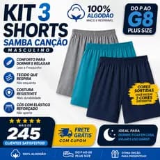 Kit 3 Shorts Samba Canção Masculino 100% Algodão P ao G8 Plus Size Confortável Pijama para Dormir e Dia a Dia