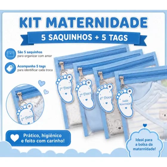 Kit Saquinho Saco Maternidade Bebê Organizador  + 5 Tag de Identificação de Troca